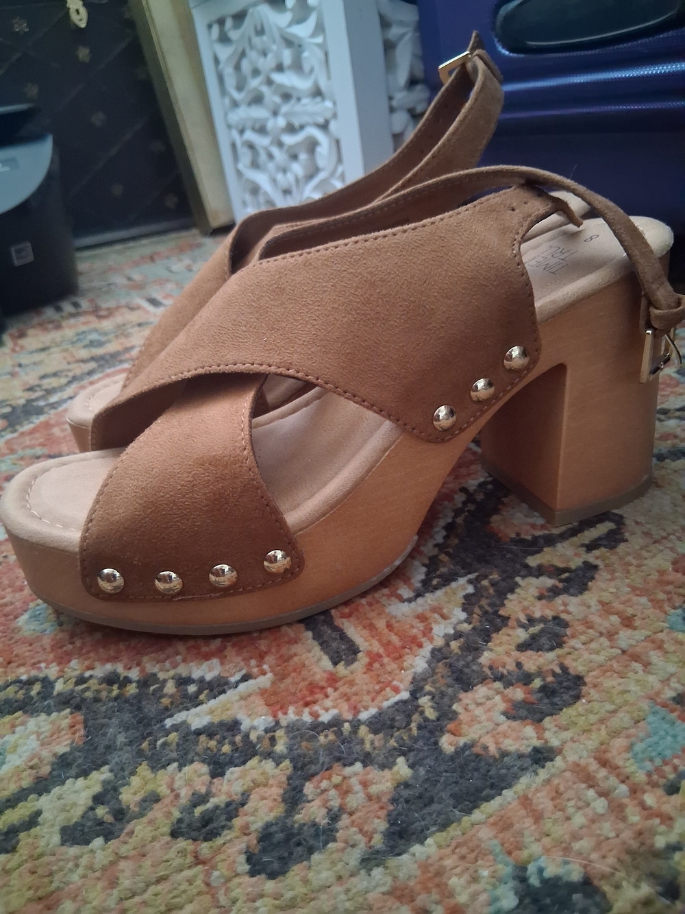 Time and Tru Tan Suede Platform Sandals with Stud Accents